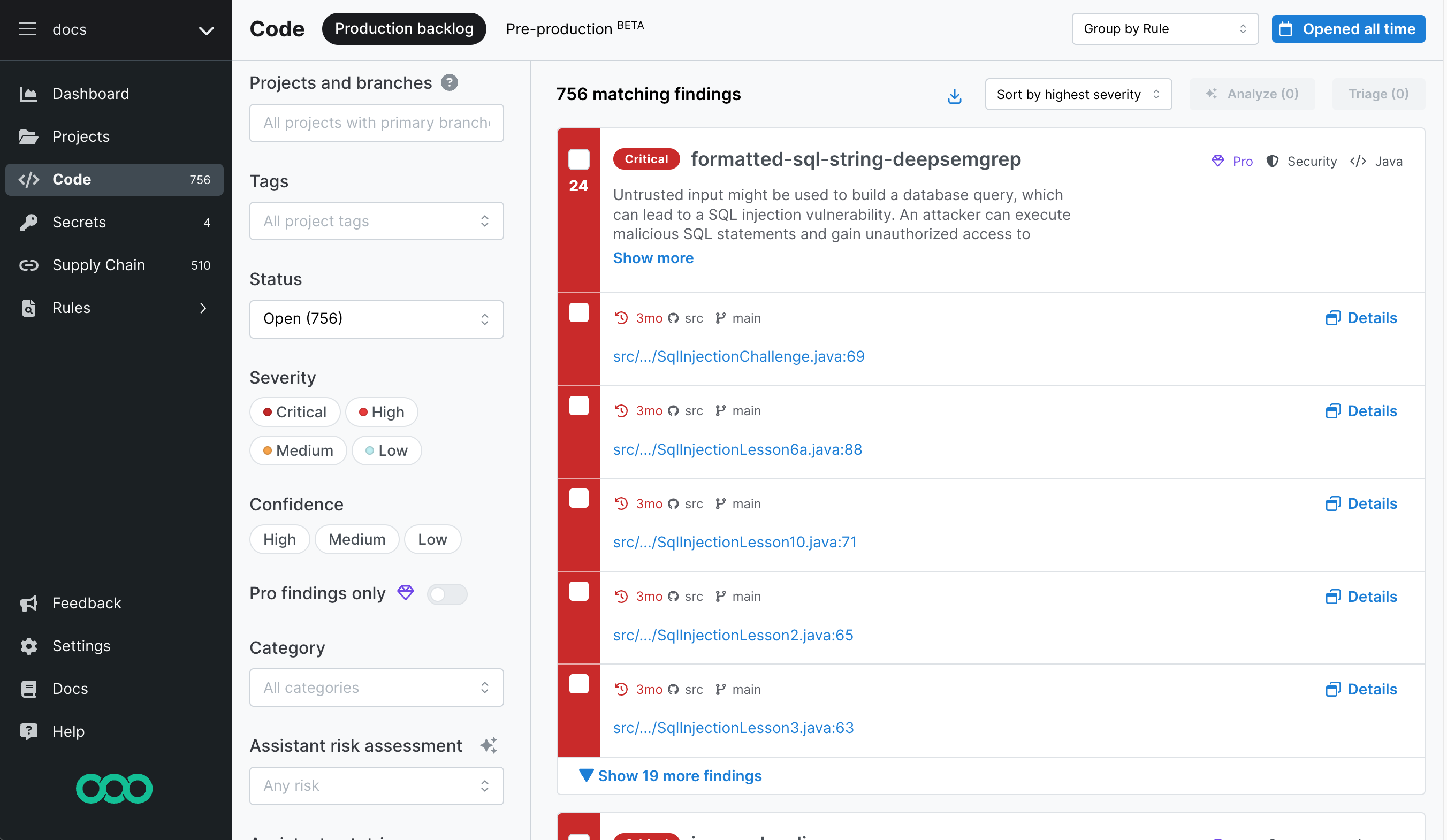 Semgrep AppSec Platform&#39;s Production backlog page