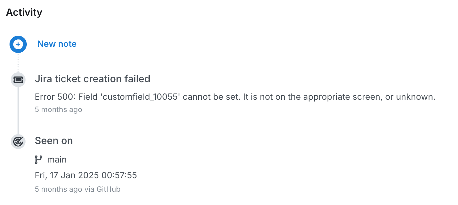 Finding details&#39; Activity section showing that a Jira ticket wasn&#39;t successfully created and the accompanying error message.