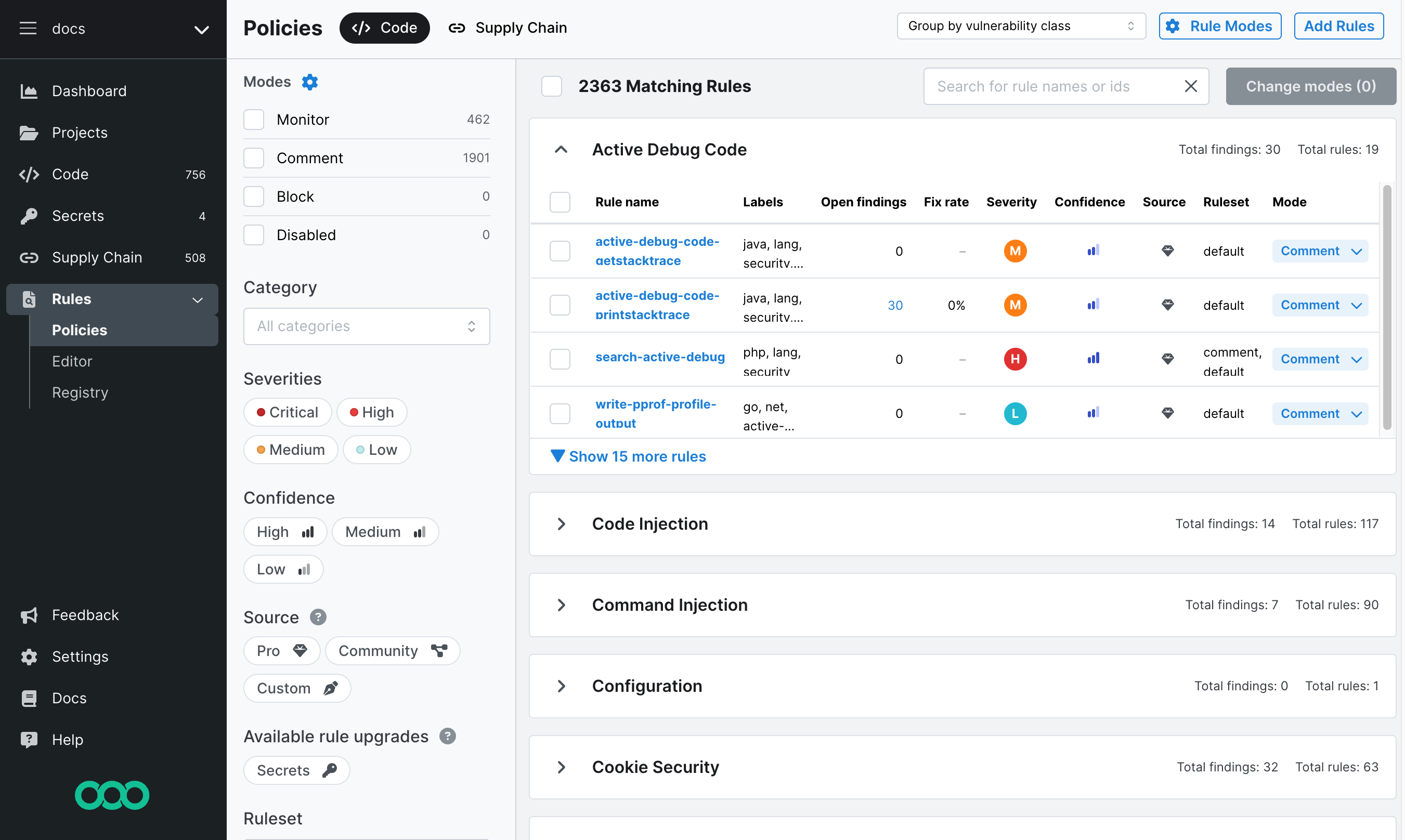 Default view of the Policies page