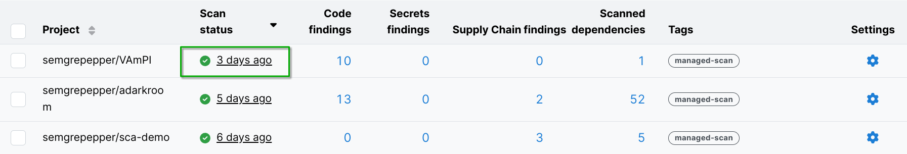 Click the project&#39;s latest scan to view the log