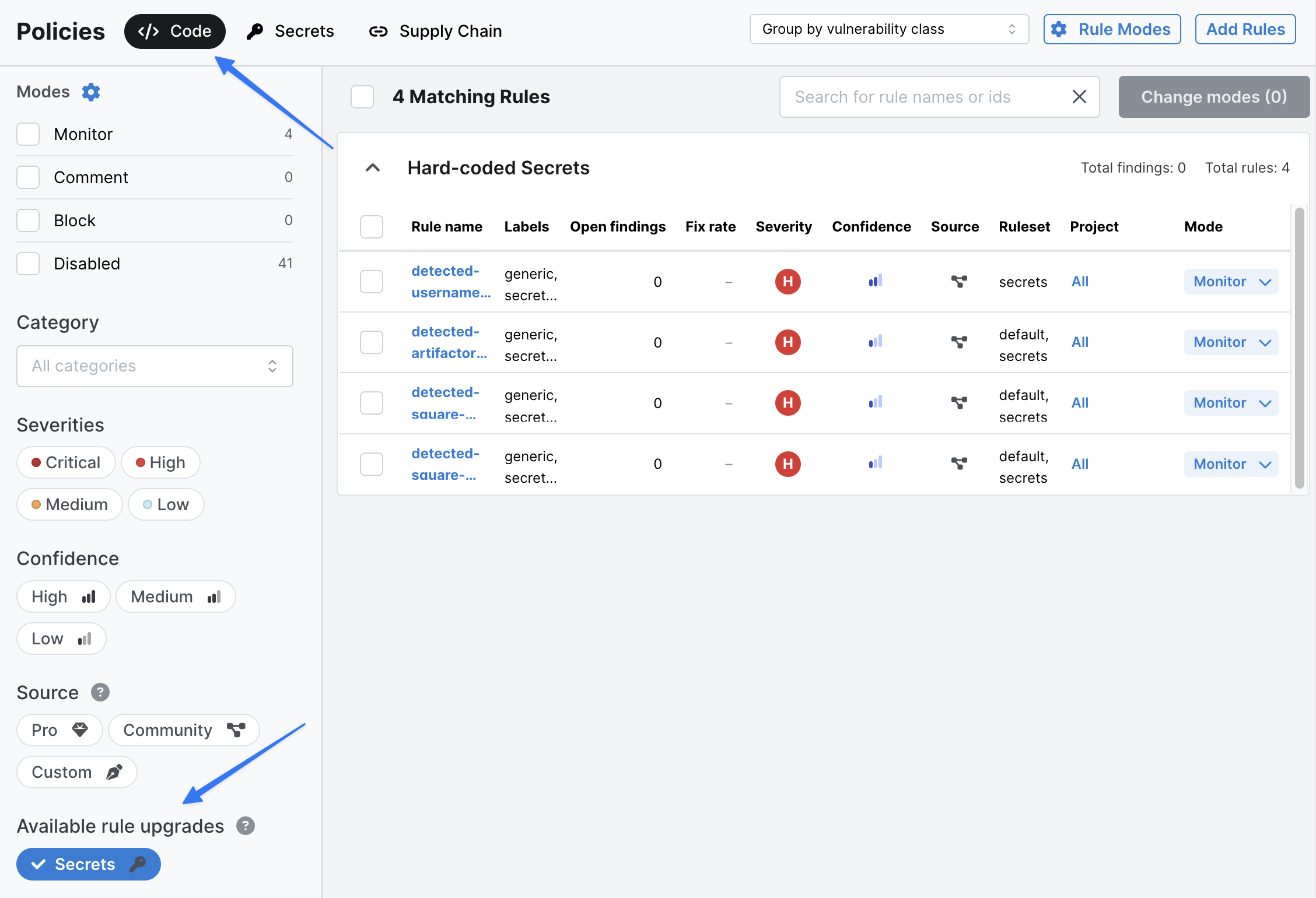 Filter to find rules for which there is a rule upgrade
