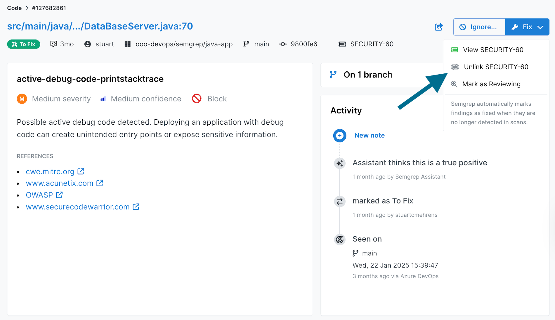 The finding details page with the option to unlink a Jira ticket displayed.